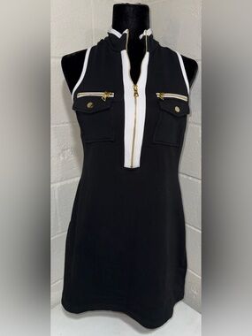 Boston Proper Black Mini Dress with White Trim and Gold Hardware